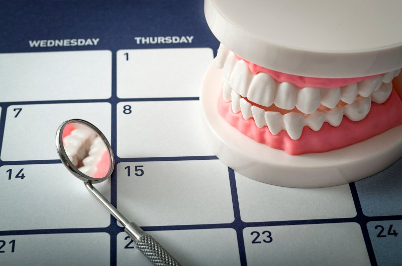 model of plastic teeth lying next to a calendar